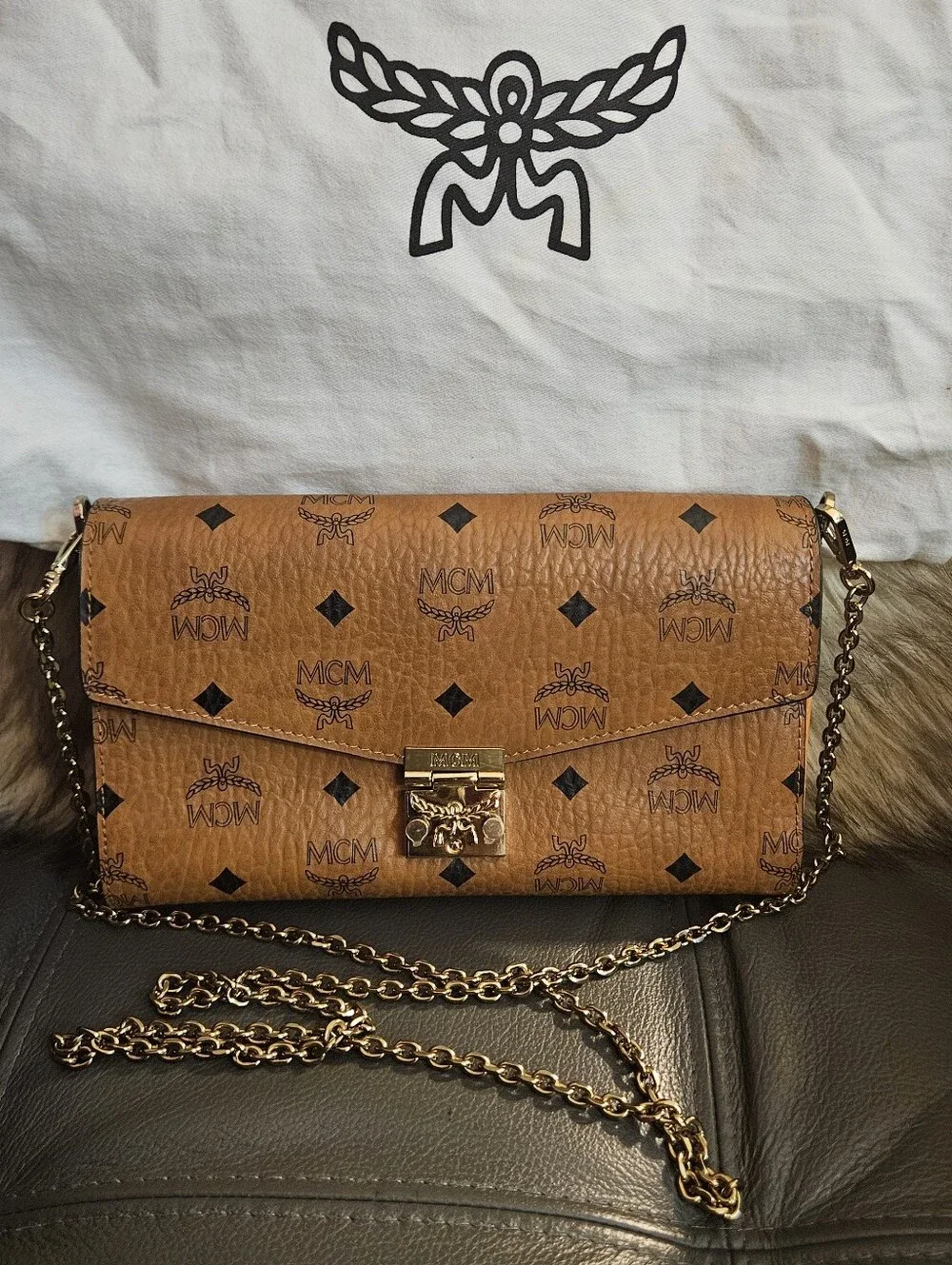 MCM Cognac Visetos Envelope Crossbody with Gold Hardware